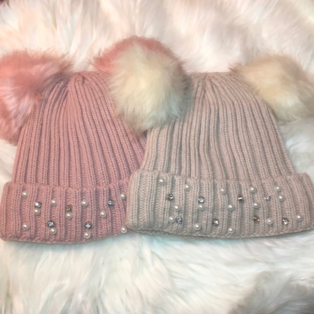 2 Fluffy Pom Pom Beanie Fluffy Beanie Warm Beanie